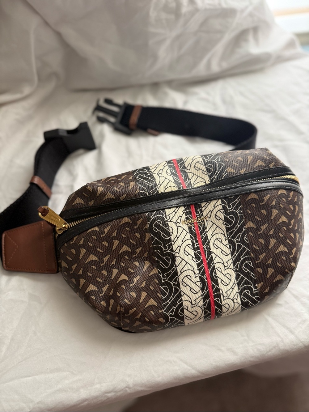 Burberry TB Monogram Stripe Belt Bag Brown Black Red Logo Waist Bag